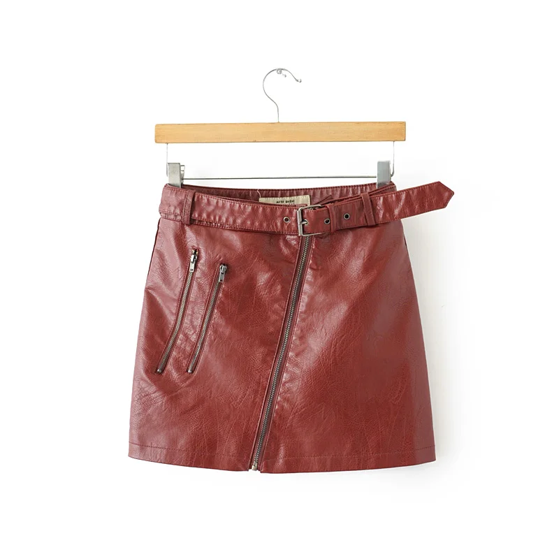 Осень-зима, женские уличные мини-юбки из искусственной кожи, с высокой талией, с коротким поясом, на молнии, модная юбка в стиле стимпанк - Цвет: FF-3 Wine Red
