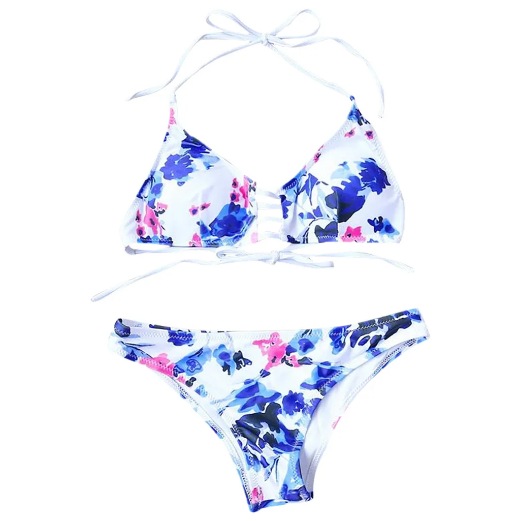 

Halter Swimsuit Two Pieces Vintage Print Padded Low Swimwear Women Tankini Hollow Backless Sexy Bikini Set Strappy Push Up Mayo