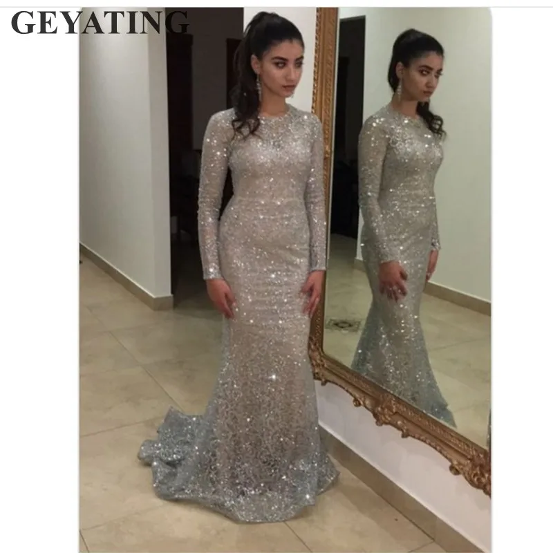 Shiny Silver Sequins Dubai Mermaid Evening Dress Long Sleeves Arabic Formal Prom Dresses 2019 Gold Bodycon Maxi Dress Party Gown