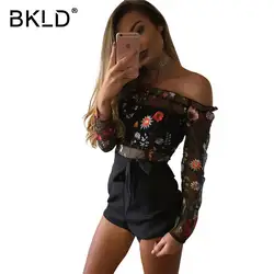 BKLD Вышивка Цветочные Mesh Летний комбинезон пикантные прозрачные 2018 Для женщин с длинным рукавом с плеча вечерние комбинезоны с поясами
