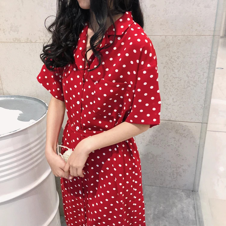 

Classic Polka Dots a Line Dress Belt Short Sleeve Vintage Style Elegant Dress Midi Robe Femme Vestido Mujer Vestiti Donna