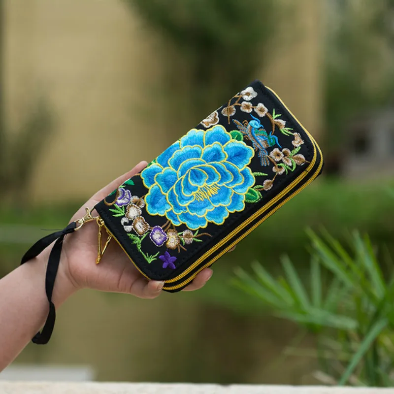 

National Trend Embroidered Women Wallets Long Handmade Embroidery Floral Canvas Double Zipper Coin Purse Credit Card Holders