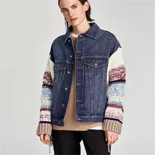 Джинсовые Куртки с контрастные трикотажные рукава кисточкой модная зимняя одежда куртка Женская Хиппи шик теплая верхняя одежда