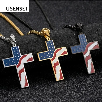

USENSET Engrave ID Pendant Necklace American Flag USA Patriot Freedom Stars and Stripes Stainless Steel Cross Pendant Men 02Q12