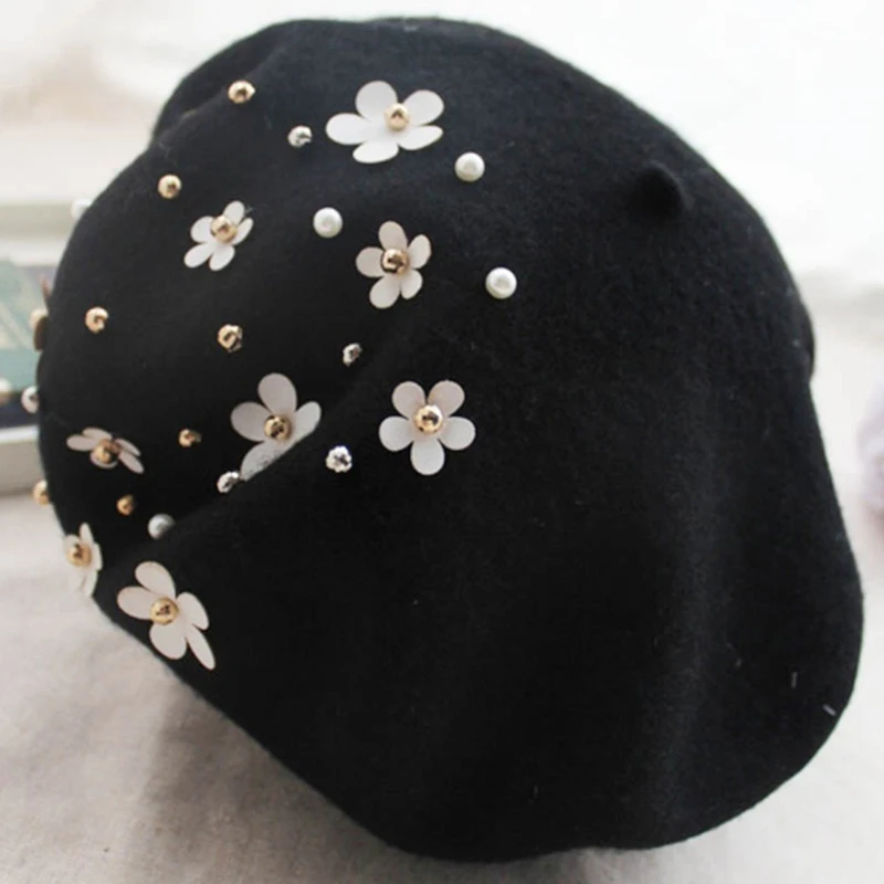 

New Women Beret Hat Fashion Solid Wool Manual Nail Bead Fower Berets Floral Ladies French Artist Beret Hat Female Accessories