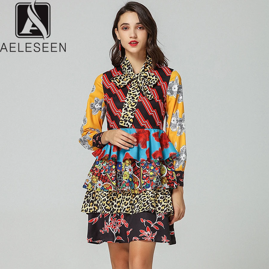 AELESEEN/модное дизайнерское платье, подиумная Женская одежда с длинными рукавами и оборками, воротник с бантом, леопардовое этническое весеннее Платье с принтом, Vestido