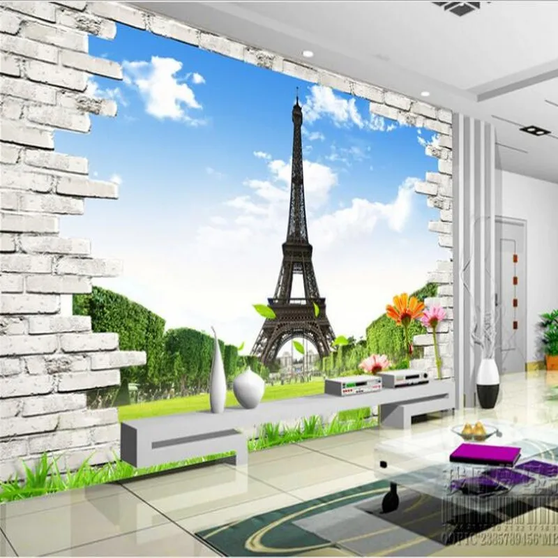 

wellyu Custom large - scale mural 3D brick wall Eiffel Tower TV backdrop non - woven wallpaper papel de parede para quarto