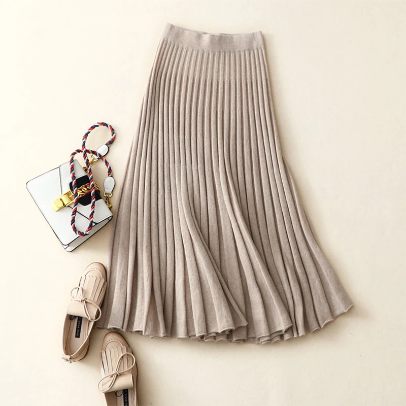 Зимняя плотная кашемировая плиссированная юбка с высокой талией, винтажная женская вязаная юбка, уличная мода, женская длинная эластичная юбка