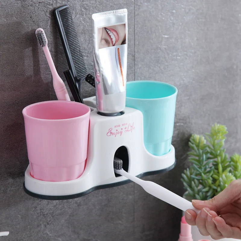 

Multi-function Toothbrush Holders Automatic Toothpaste Dispenser with 2 Gargle Cups for Bathroom Home Essential HFing