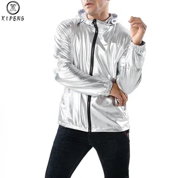 

Shiny Silver Metallic Jacket Men Party Dance Night Club Mens Hip Hop Jackets and Coats Slim Hooded Streetwear Jaqueta Masculina