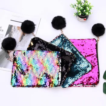 

2019 Women Double Sequins Cosmetic Bag Cases For Girls Makeup Clutch Travel Organizer Cute Plush Ball Zipper Purse Drop Shipping