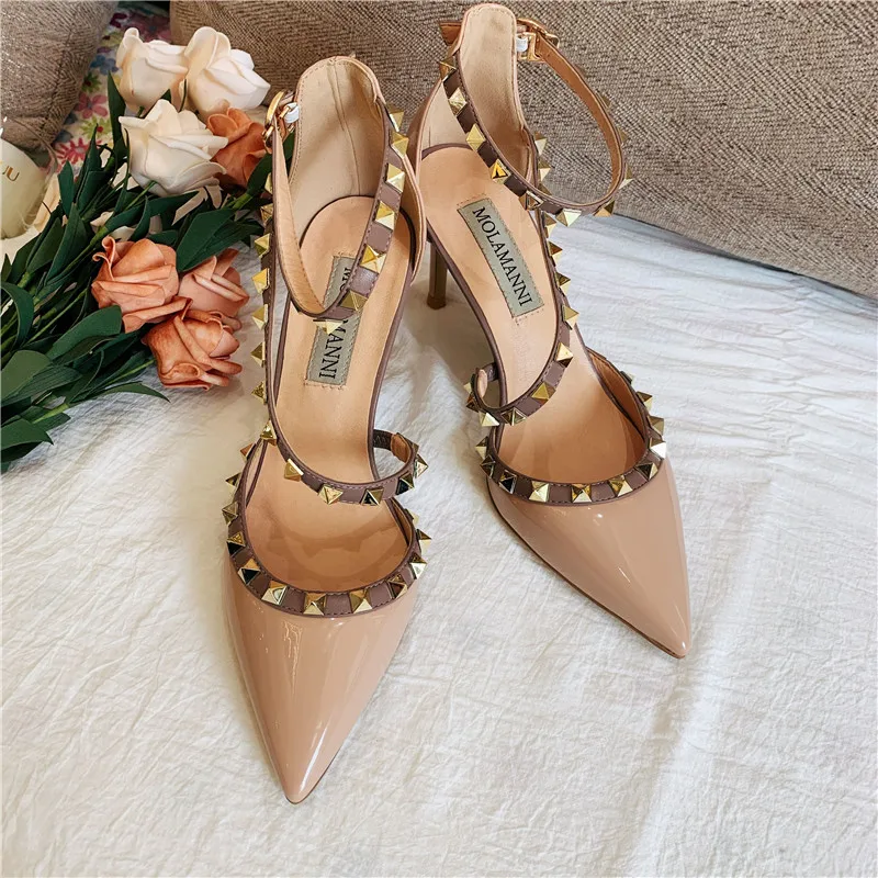 

Free shipping fashion women Pumps brand new Casual Designer nude patent leather studded spikes strappy point toe high heels