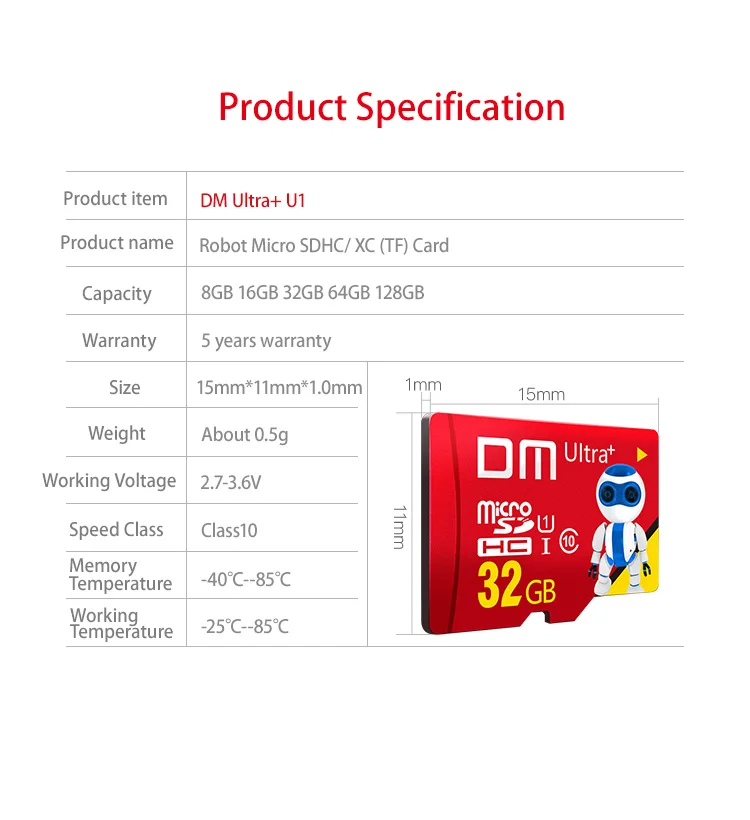 DM MCSD010-C10 MicroSD карта класс 10 высокоскоростная TF карта памяти 16 ГБ 32 ГБ 64 ГБ 128 Гб Mini SD карта памяти красного цвета