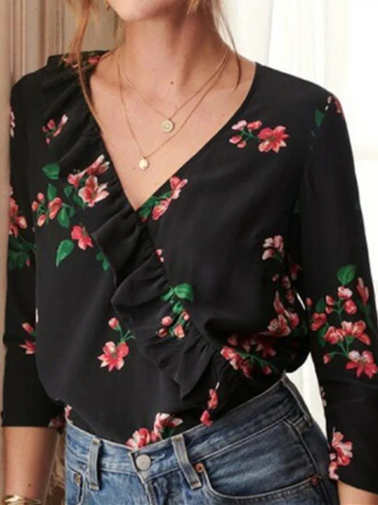 2019 New Women Begonia Flower Print Silk Blouse Three Quarter Sleeve ...