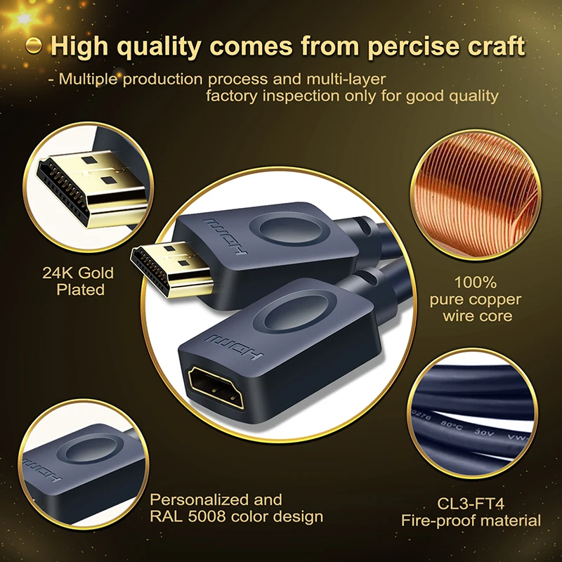 CABLETIME Extension HDMI Cable 4k 2.0 60Hz 3D UHD Pro HDMI M/F Extender CL3 Triple Shielding Cable for HDTV PC Monitors C121