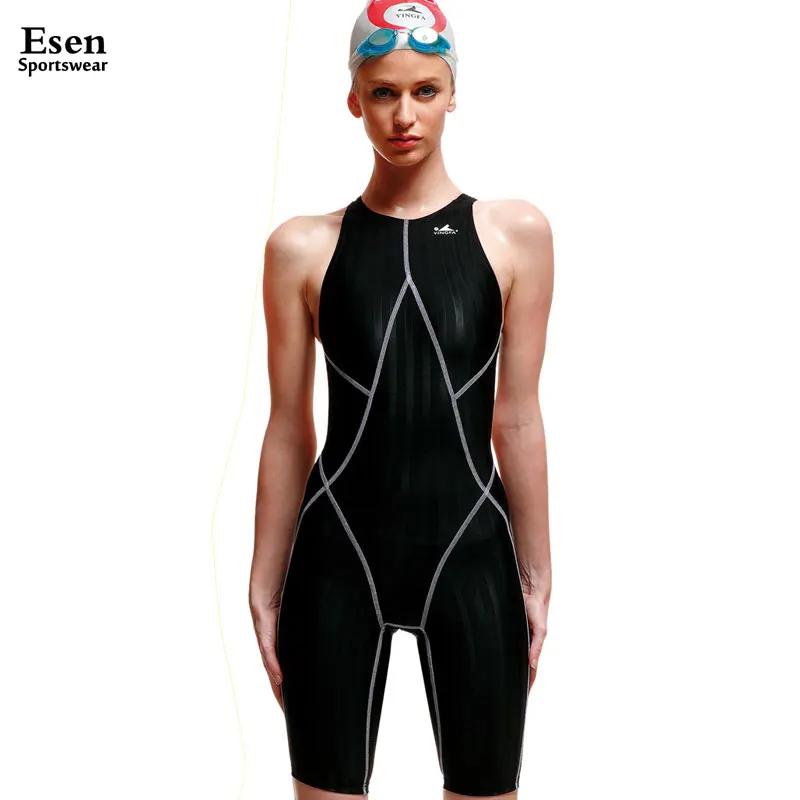 New Sportswoman Professional knee length Shark skin One Pieces swimsuits waterproof Backless