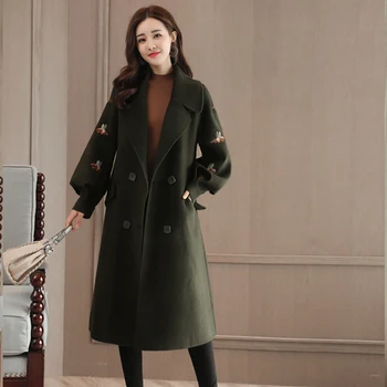 

Embroidered Slim Woolen Coat Female Medium long Korean 2020 New Autumn Winter Lantern Sleeve Woolen Coat Fashion Women XY058