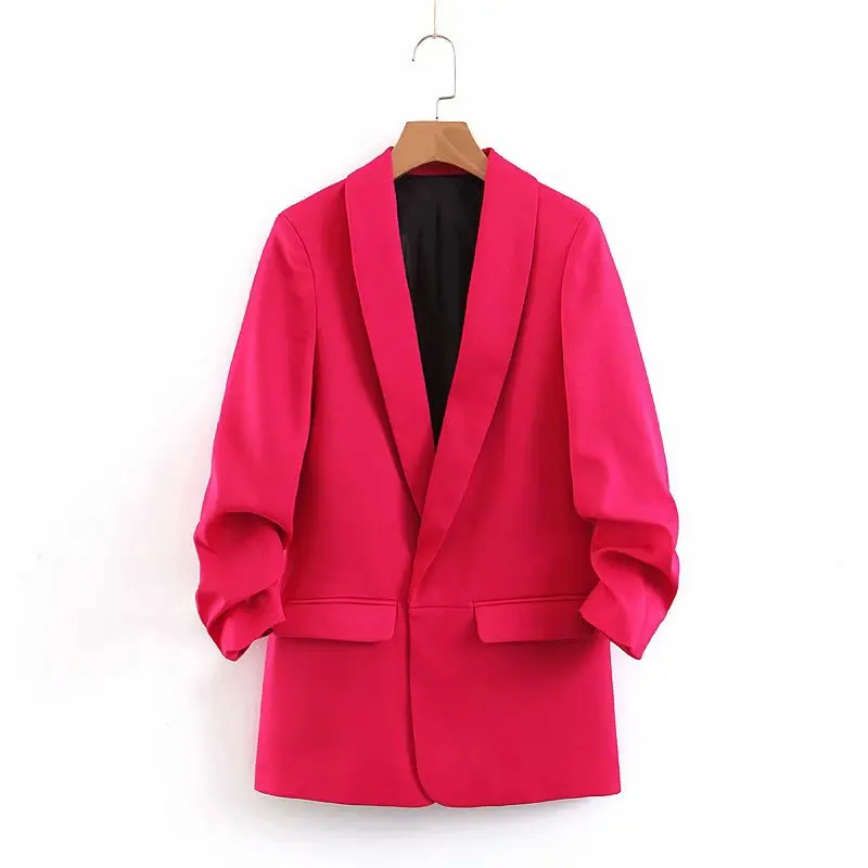 2019 Long Blazer Women Solid Shawl Collar Pockets Office Blazers Female Outwear Tops Roll sleeve Women's Jacket And Blazer Coat