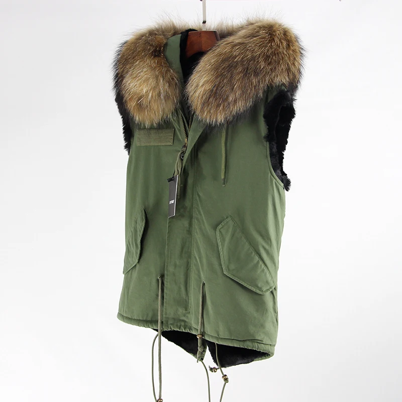 OFTBUY,, брендовая новая армейская зеленая зимняя куртка, пальто, женский меховой жилет, натуральный мех енота, воротник с капюшоном, верхняя одежда, парка