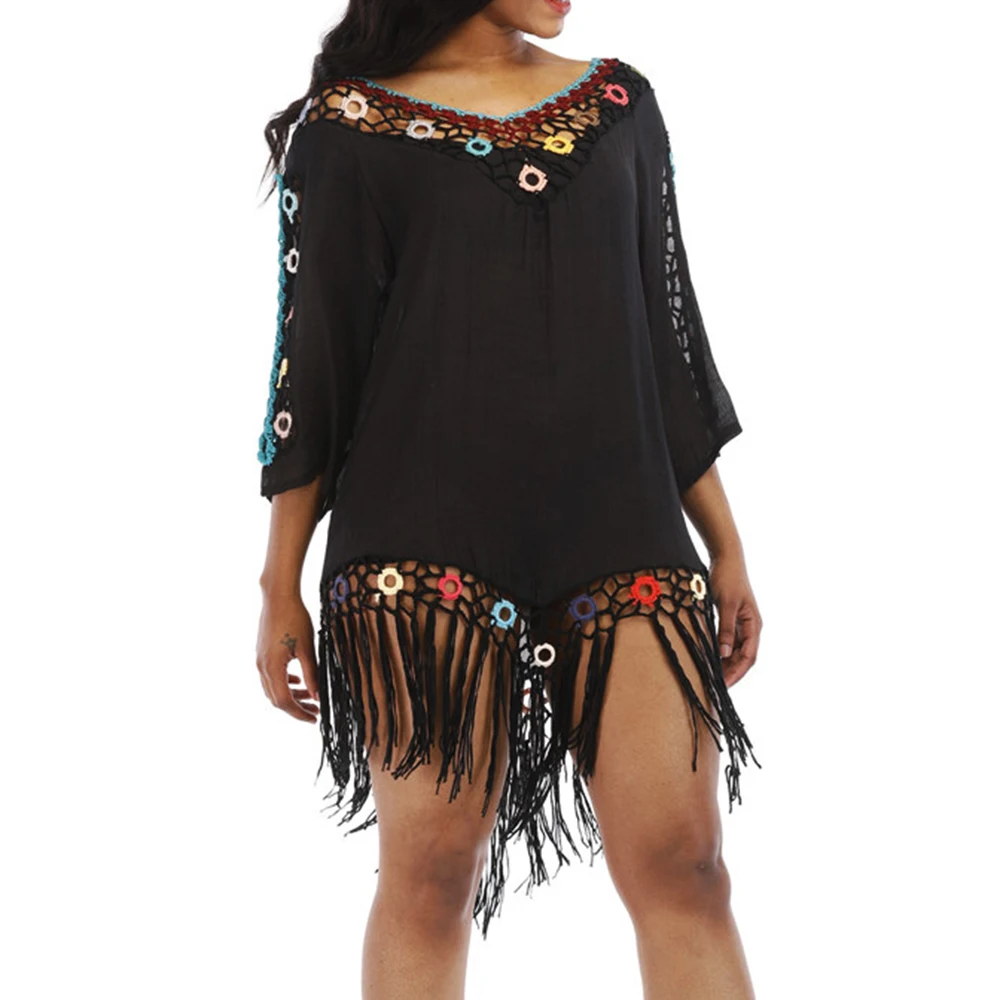 

2019 Bohemia Chiffon Tassels Beach Wear Women Swimsuit Cover Up Swimwear Bathing Suits Summer Dress Loose Solid Pareo Cover