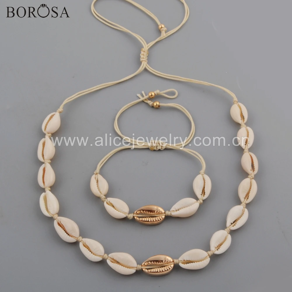 

BOROSA 5Sets Gold Color Natural Cowrie Shell Adjustable Rope Bracelet Necklace Natural Shell Beads Jewelry Sets for Lady WX1097