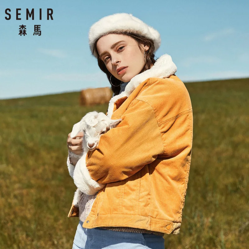 SEMIR, Женская Вельветовая куртка с ворсовой подкладкой, с нагрудным карманом и косым карманом, женская короткая Вельветовая куртка на подкладке из шерпы, уютный стиль