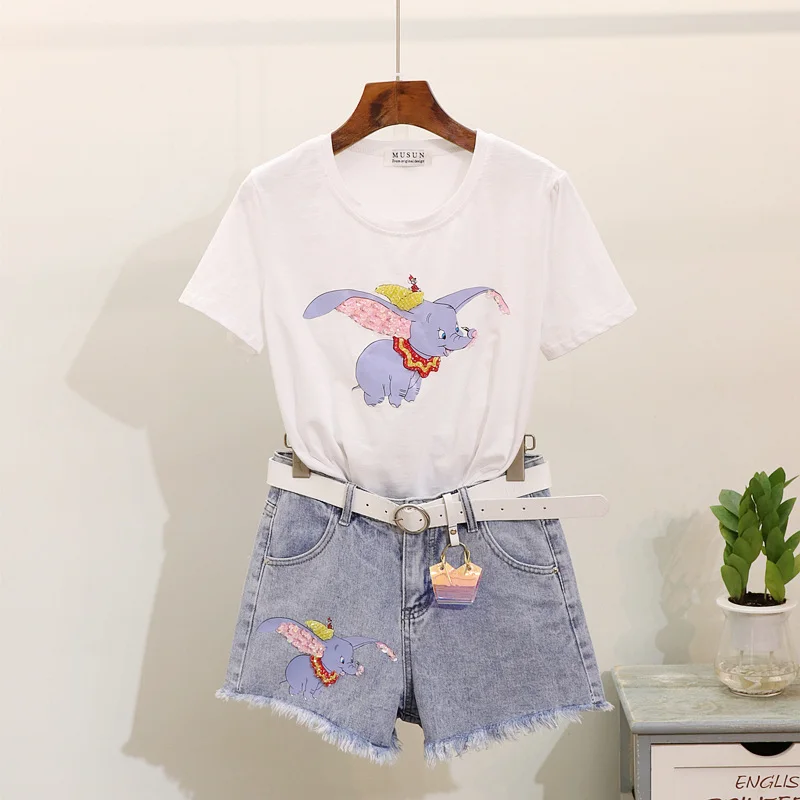 

Fashion Women Tshirt Summer New Beading Sequin Small Elephant Print Short sleeve Tops + Casual Denim shorts Two Piece set Women