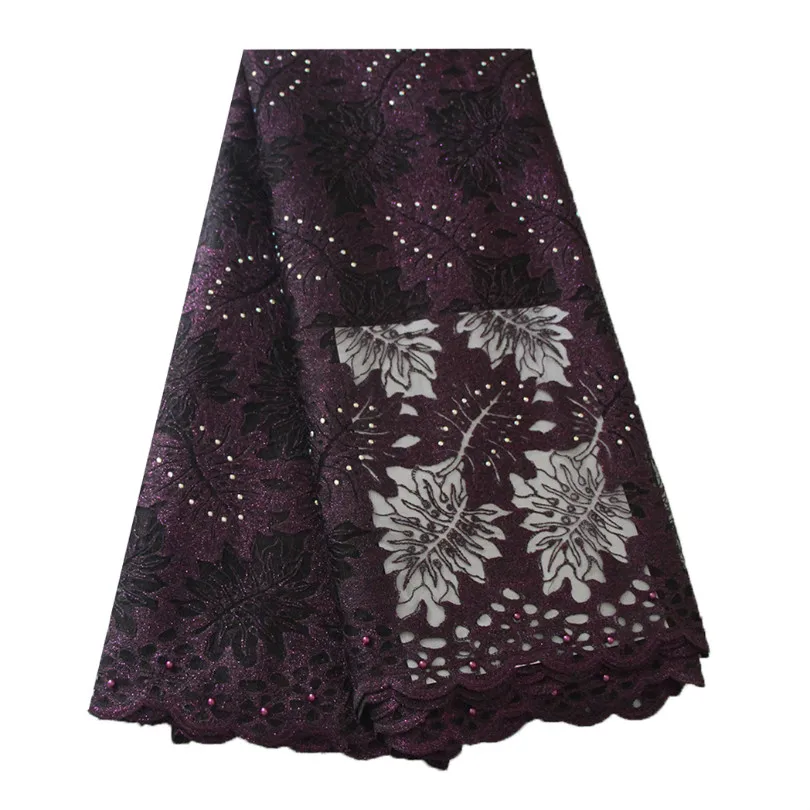 

Ourwin Latest African Laces 2019 Dark Purple Nigerian Lace Fabric High Quality African Tulle Net Lace Fabric with Stones