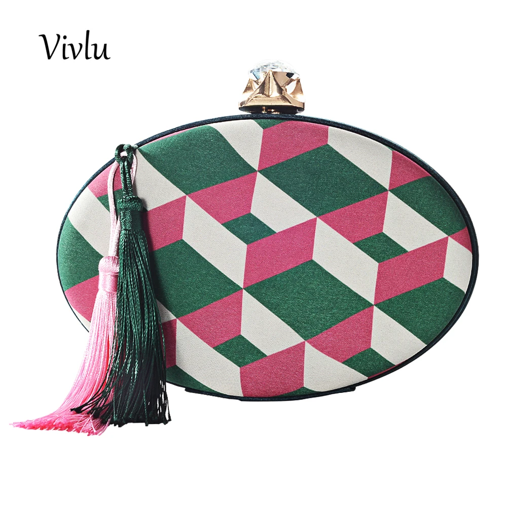 New Women Satin Clutch Bag Crystal Geometry Oval Hard Case Day Clutches Ladies Evening Bag Women Shoulder Handbag Bolsas BG-056