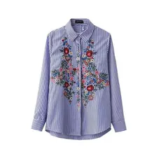 Europe and the America fashion sweet floral embroidery cotton long sleeve blouse casual blue striped shirt women tops blusas
