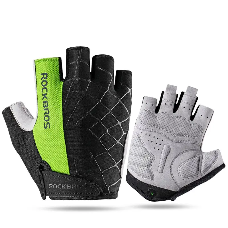 ROCKBROS Велоспортный против скольжения анти-пот Для мужчина женщина половины пальцев перчатки дышащие анти-шок спортивные перчатки MTB велосипедные перчатки - Цвет: Green 1