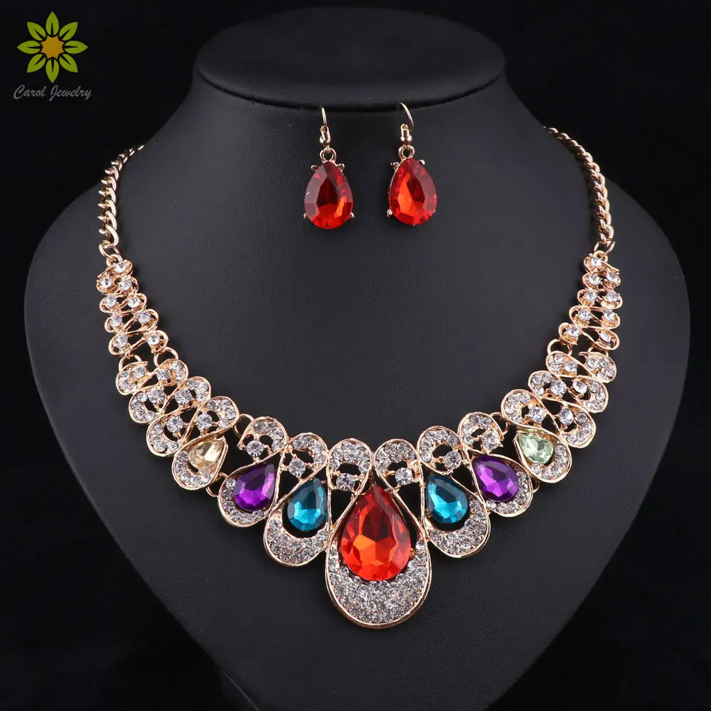 Fashion Indian Jewellery Blue Crystal Necklace Earrings Bridal Jewelry