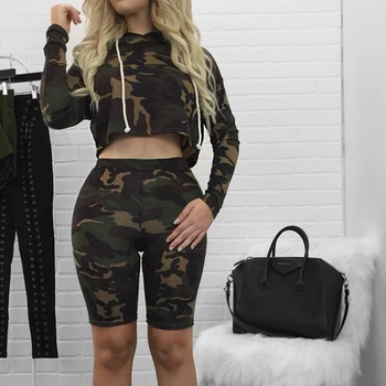

Summer women Camouflage Hooded Print Pullover 2 Two Piece Set Long Sleeve Short shirts and Sexy Pants Long Sleeve Short Femme