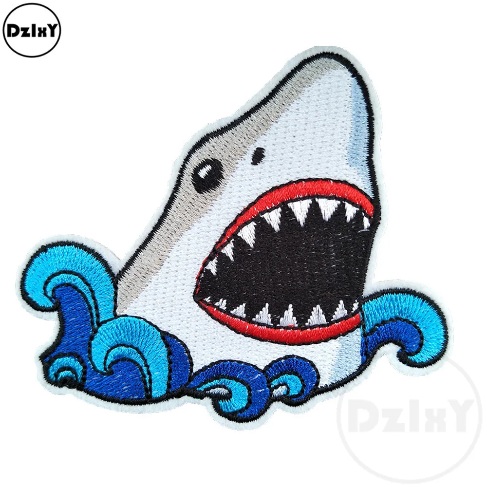 

Cartoon Shark Embroidery Patches for T-shirt Iron on Stripes Clothes Stickers Sewing Applications Hippie Animals Badges @B-34