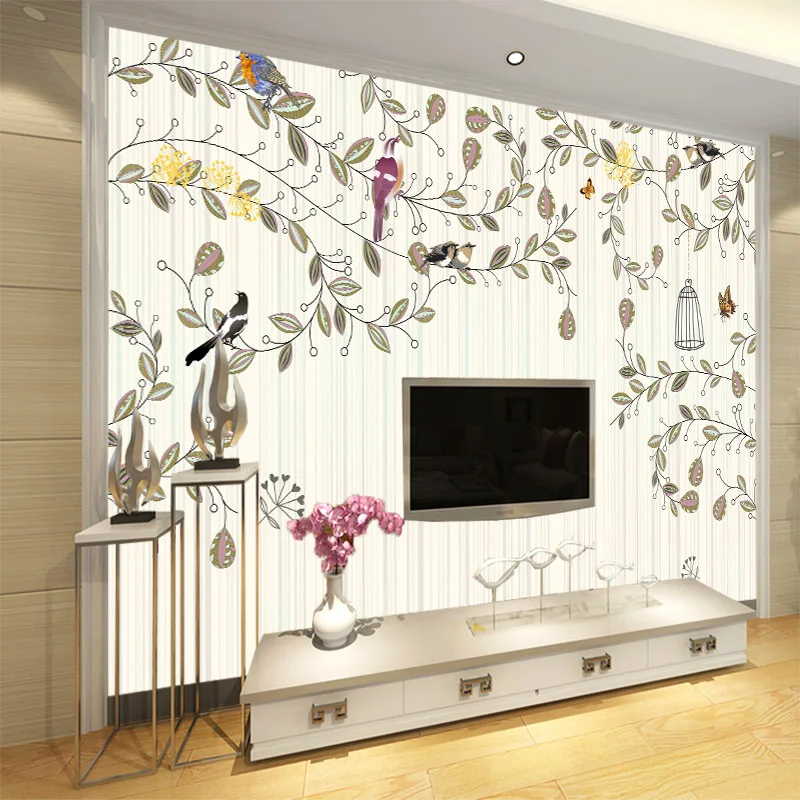 

3d Plain hand-painted bird and cage and tree leaf wallpaper seamless TV sofa bedroom background wall Fresh garden mural
