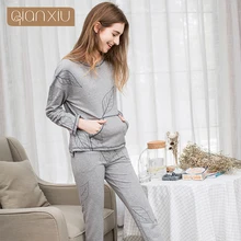 Пижама Qianxiu комплекты Для женщин Хлопок Мода Дизайн листьев Для женщин с длинным рукавом серый пижамы Демисезонный свободно облегающие пижамы