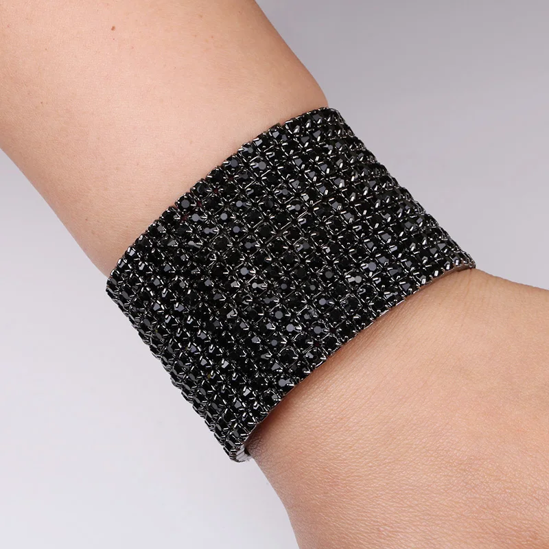 TDQUEEN 12 Rows Black Crystal Rhinestone Bangle Bracelet Black Gun Plated Metal Wide Indian Bangles for Women (1)
