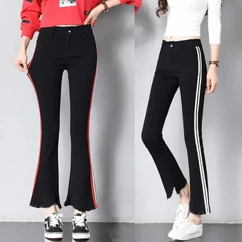 

women jeans skinny flare elastic pants patchwork plus size trousers ankle tassel korean striped stretch high waist woman overa