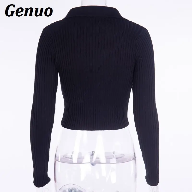 Genuo Women Knit Zipper Sweater Coats Sexy Lapel Full Sleeve Solid Slim Crop Tops Casual Autumn Winter Elastic Warm Knitwear