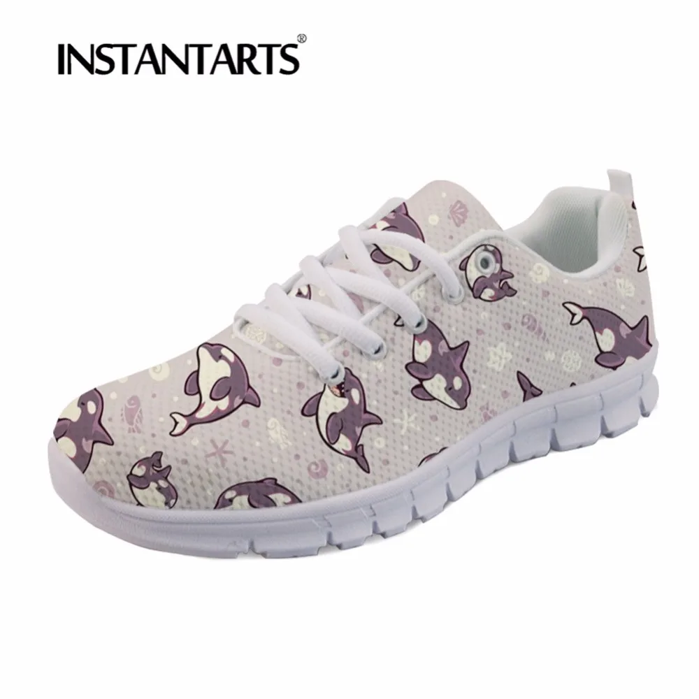 

INSTANTARTS Zapatillas Mujer Women Casual Lace Up Flats Jelly bean orcas Art Print Autumn Breathable Sneakers Ladies Flat Shoes