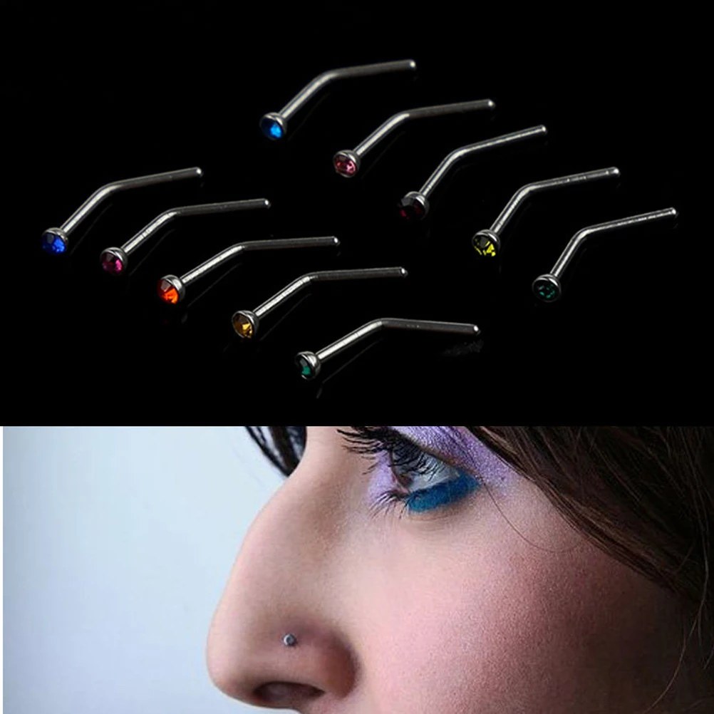 10pcs Rhinestone Stainless Steel Screw Nose Hoop Ring Stud Body Piercing Pretty  Body Jewelry