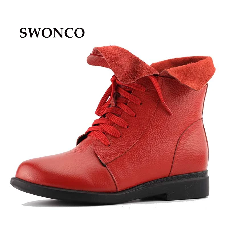 Women's Boots Ankle Boot Genuine Leather Lace Up Winter Boot Ankle Boots For Women Genuine Leather Low Heel Female Shoes Women's Shoes