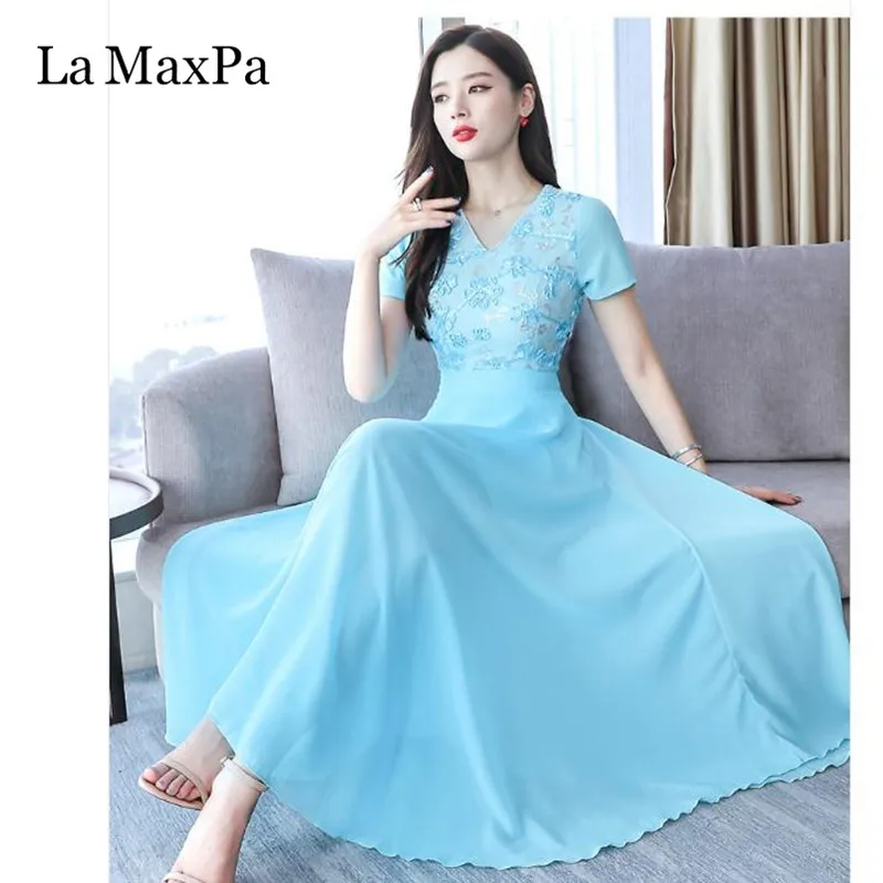 Шифоновое платье с коротким рукавом и вышивкой, новые летние платья для женщин, v-образный вырез, повседневное женское платье, элегантное вечернее платье, vestido mujer - Цвет: light blue
