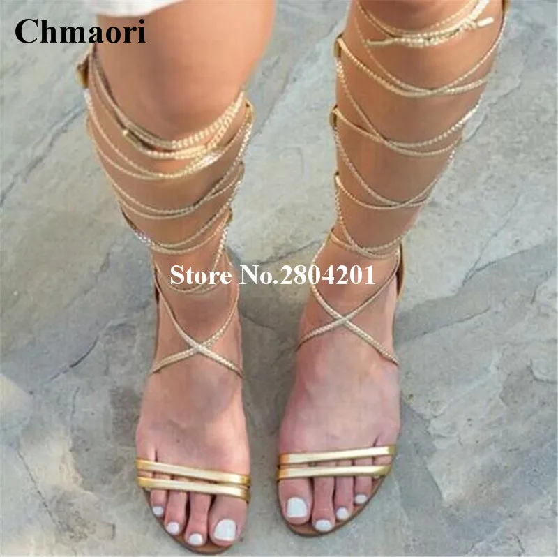 Summer Sandals Open Toe Strappy Flat Heels Casual Women Sandals Lace Up ...