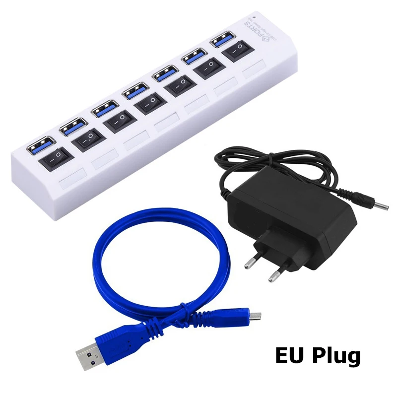 USB HUB 3,0 Супер скорость 5 Гбит/с 7 портов USB 3,0 usb-хаб с переключателем включения/выключения Platooninsert для компьютера ноутбука периферийные устройства - Цвет: White and EU Adapter