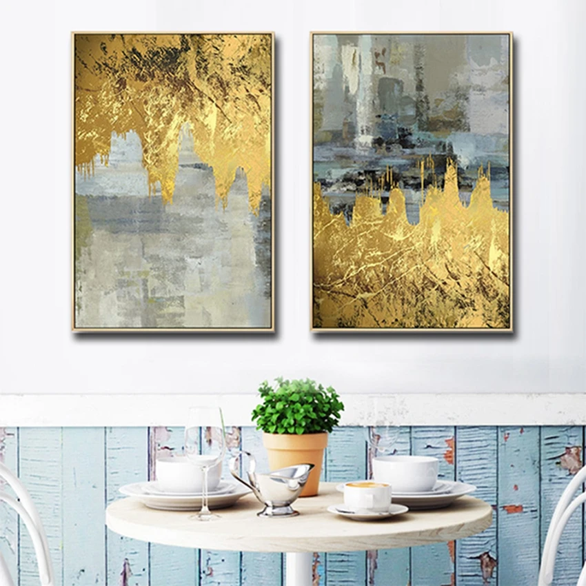 

Latest Gold Foil Handmade Oil Painting Canvas Art Large Size Modern Home Wall Decoration Pieces 2 Panels Paintings Wall Art