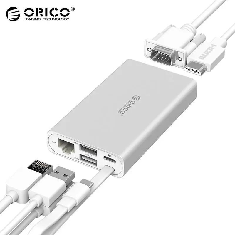 ORICO 7 в 1 HDMI 4 К VGA Порты и разъёмы концентратора RJ45 сети конвертер Многофункциональный Тип- C док-станции Тип-C PD Sup Порты и разъёмы s 5 В-20 В/3A