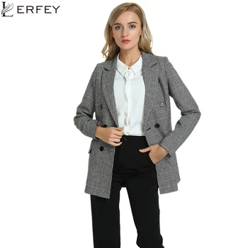 

LERFEY Autumn Casual Blazer Women Plaid Ladies Blazers Outwear Winter Double Breasted Coats Office Jackets Blaser Femenino