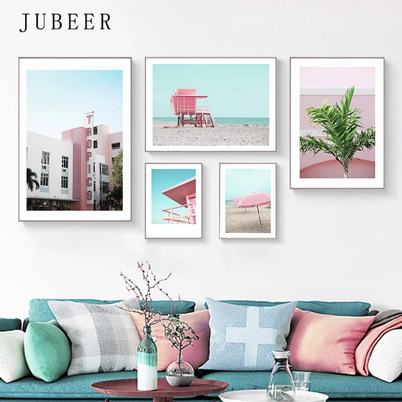 

Nordic Style Beach Seaside Decoration Painting Simple Sea Landscape Poster and Print Pink Triptych for Living Room Salon