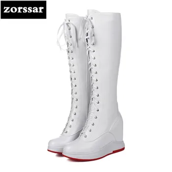 

{Zorssar} 2019 Female Winter Warm thigh high Boots women Motorcycle boots Leather Wedge High Heels Over The Knee boots Size 40